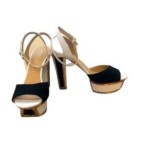 NWT Guess White Peep Toe Platform Sandals Barta High Heel Black Multi Suede 10 M